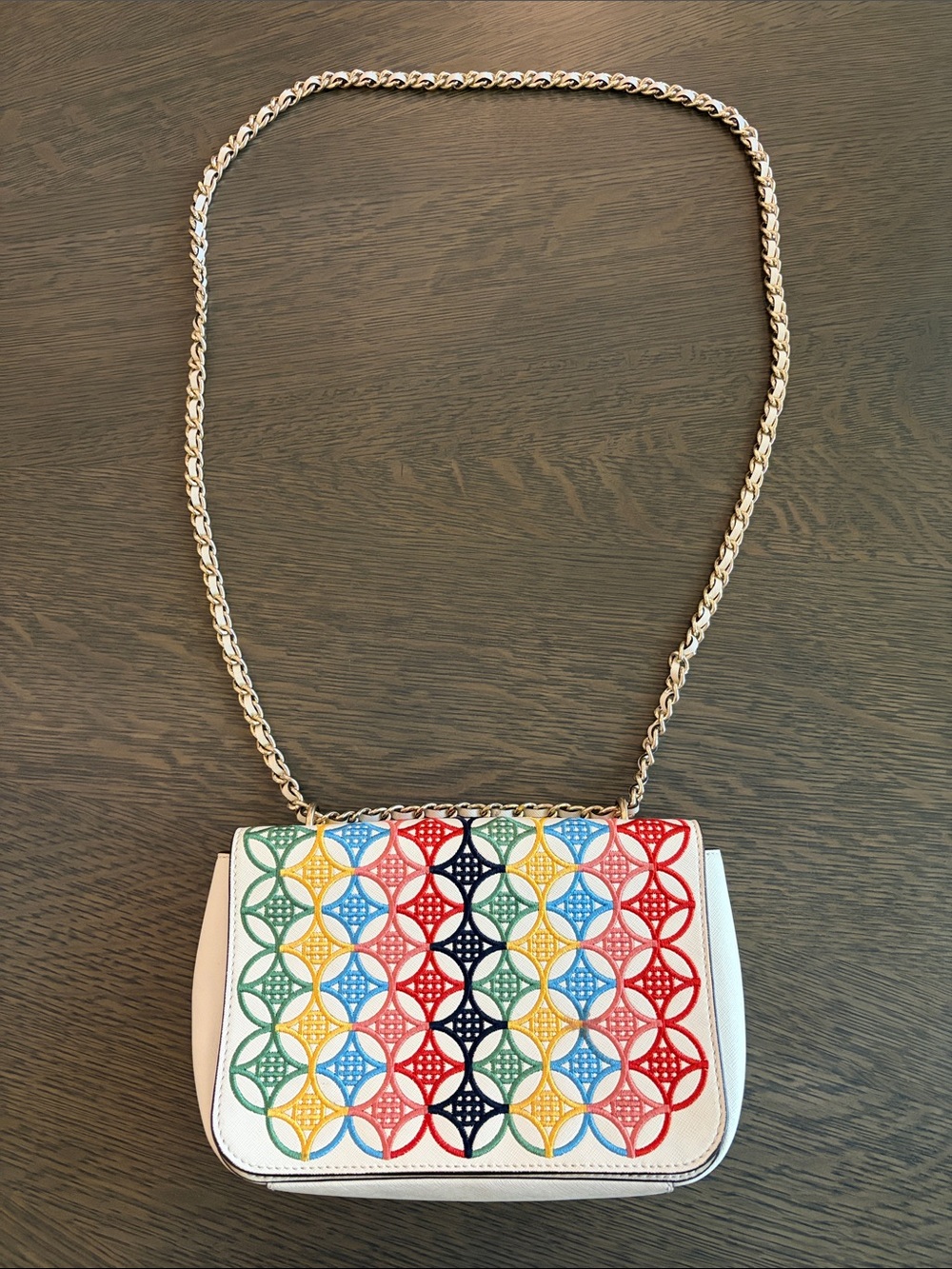Tory Burch White Crossbody with Multicolor Geometric Overlay